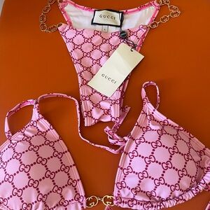 Gucci Pink Logo Chain Bikini